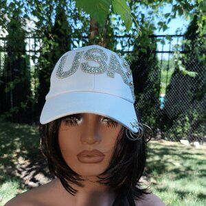 N.W.O.T. Men's and Women's Shiny Glitter Rhinestone USA White Baseball‎ Hat